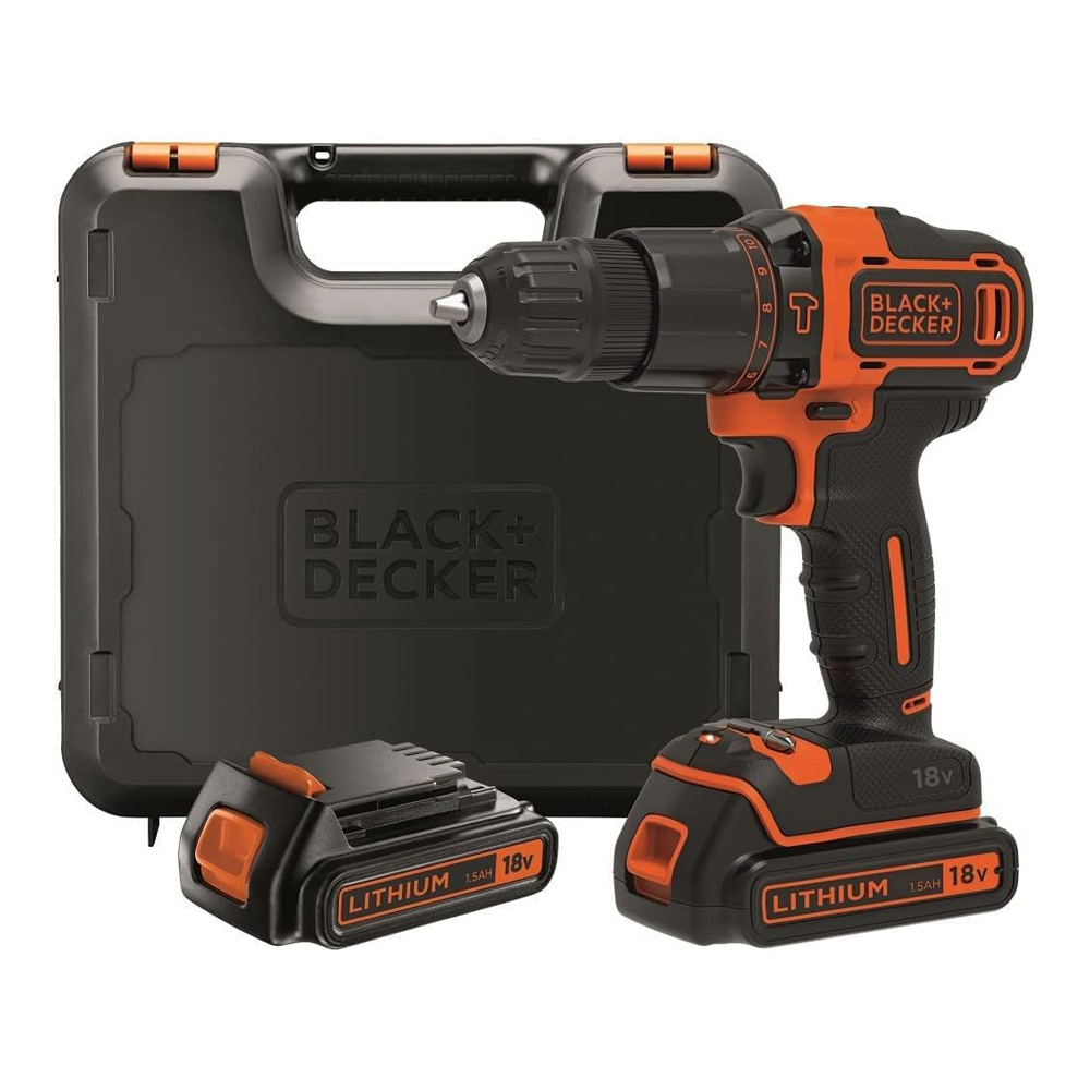 Trapano a percussione 18v con 2 batterie litio 1.5ah black decker - valigetta.