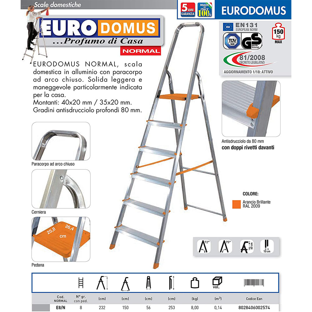 Scaletto in Alluminio Eurodomus Normal 8 Gradini FACAL - Fino a 2,53 mt