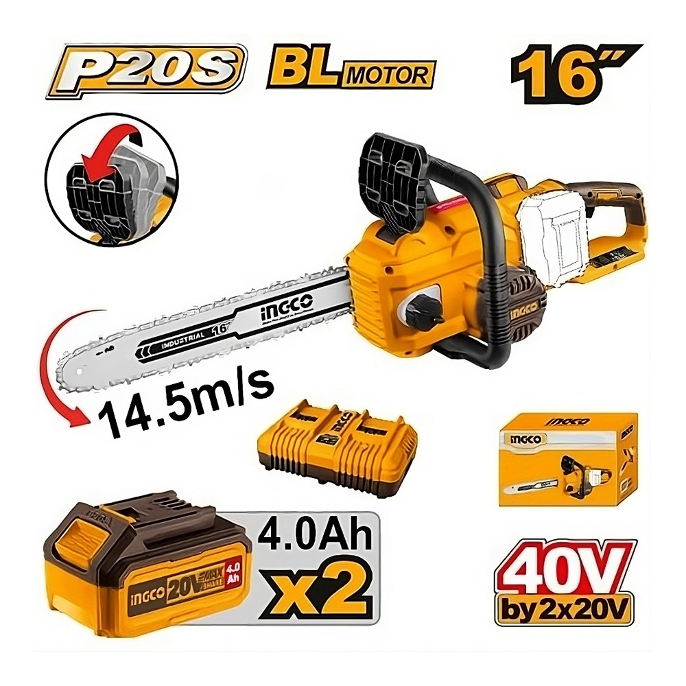 Elettrosega Brushless 40V INGCO - con 2 Batterie 4.0Ah e Caricatore Doppia Porta