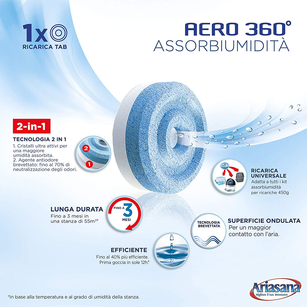 Ricariche Assorbiumidità Aero 360° Tab 450 gr Inodore ARIASANA - Conf. 2 Pezzi